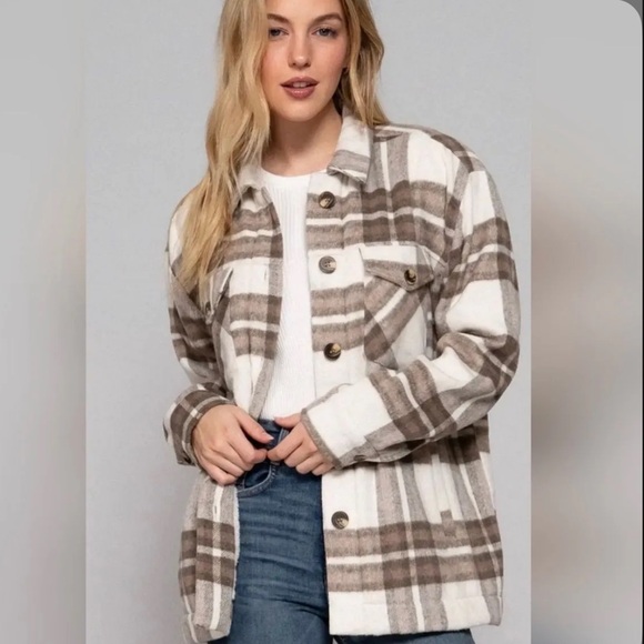Active USA Jackets & Blazers - Active USA Beige and White Plaid Shacket